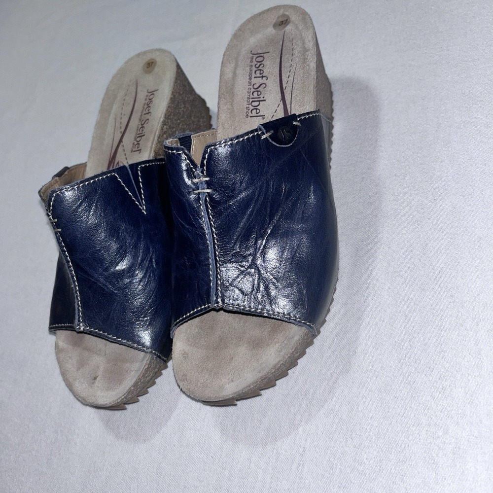 Josef Seibel Meike Navy Leather Slides Mid Wedge Sandals EUR 37 US 6.5 - Picture 3 of 11